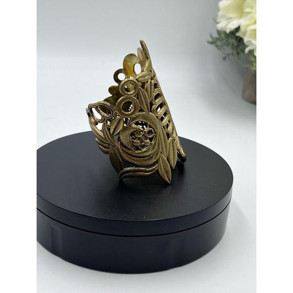 Large Filigree Ornate Lace Floral Leaf Gold Tone Wide Textured Cuff Bracelet - Picture 2 of 10